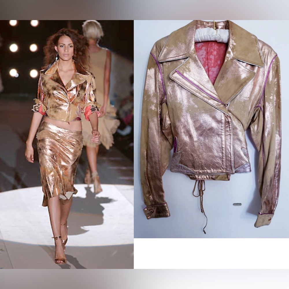 ROBERTO CAVALLI  S/S 2002 Vintage Rose Gold Metallic Leather Corset Jacket S